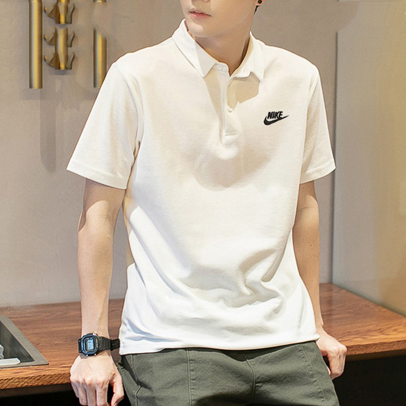 Nike Polo Shirt T-Shirt 2025 New Men's Breathable Running Training Fitness Cycling White Stand-Up Collar Shirt Short-Sleeved