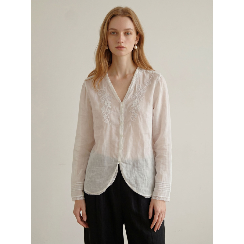 Dsg 2026Ss 100% Ramie French Embroidery V-Neck Sheer Lace Blouse for Women Dsg 2026Ss 100% Ramie French Embroidery V-Neck Sheer Lace Blouse for Women