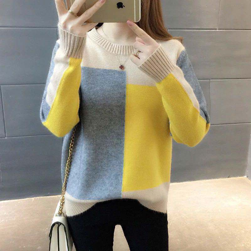 2022 new sweater women's pullover color matching loose Korean style knitted sweater autumn and winter student round neck all-match bottoming shirt
