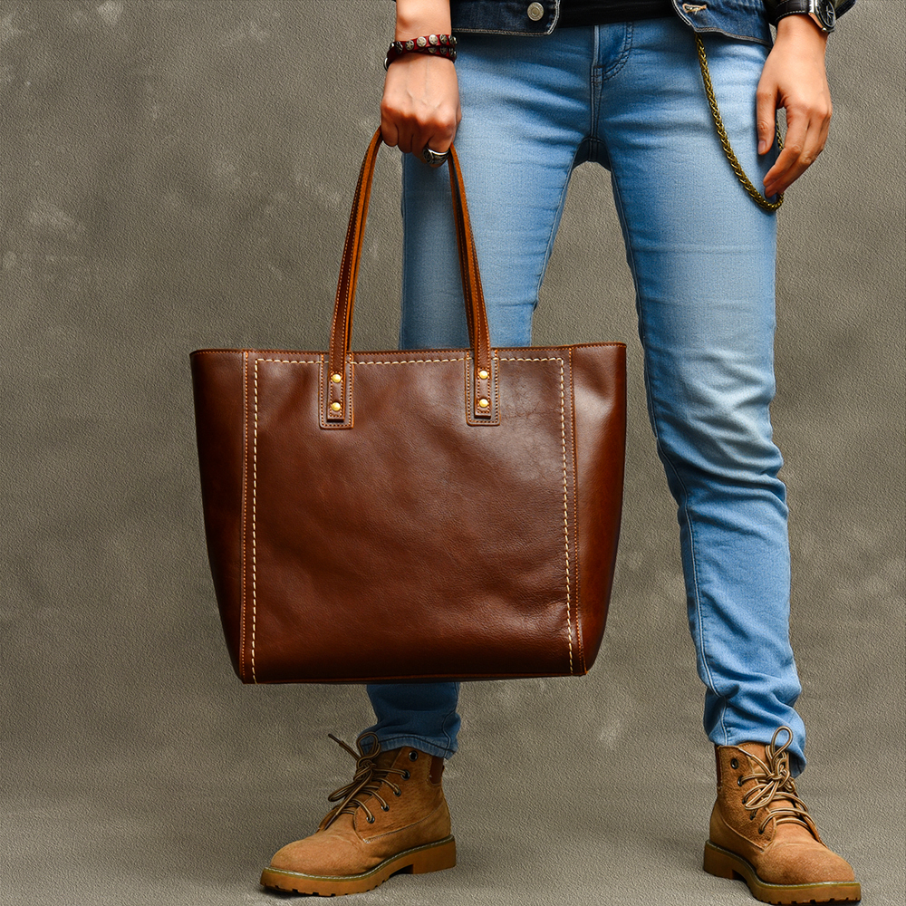 Twenty-fourth Street Universal cowhide cross section commuter tote bag retro leather handbag single shoulder large bag computer bag