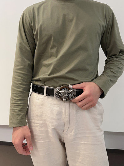 牛头合金皮带扣真皮腰带裤带男士休闲大头皮带平滑扣压花中青年潮