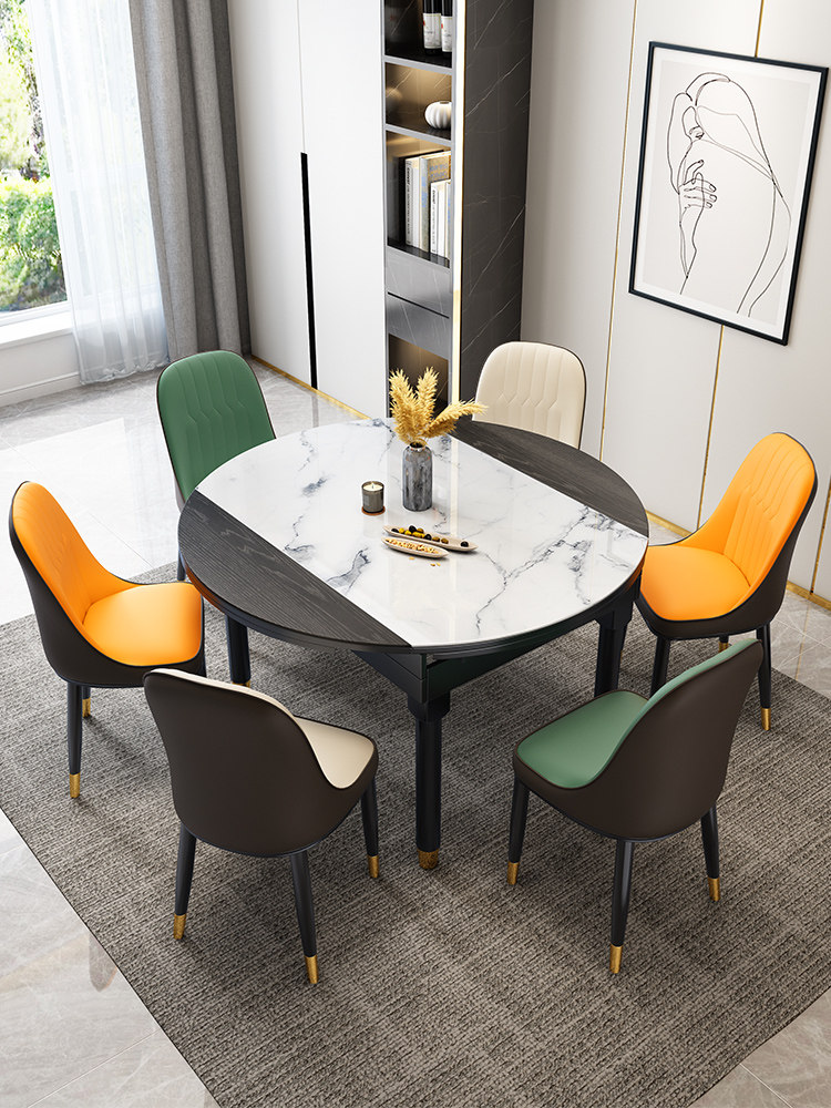 Light luxury solid wood dining table and chair combination Modern simple variable round table Household small household foldable telescopic dining table