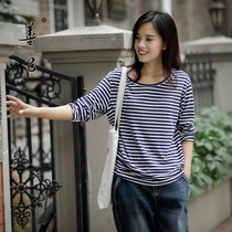 Good self stripe T-shirt autumn women 2021 New Wild loose long sleeve top base shirt tide cotton and linen comfortable