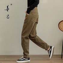 Plus velvet high waist slim casual straight pants autumn and winter large size elastic thick elastic waist tooling wind loose father pants