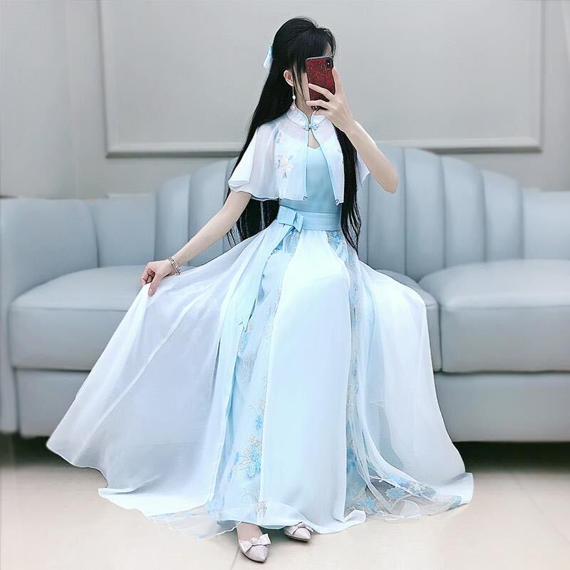 Spring and Summer Style Chinese Element Dress Chiffon Embroidered Blue Women's Chinese Style Student Shawl Dress Two-Piece Set Mid-Length