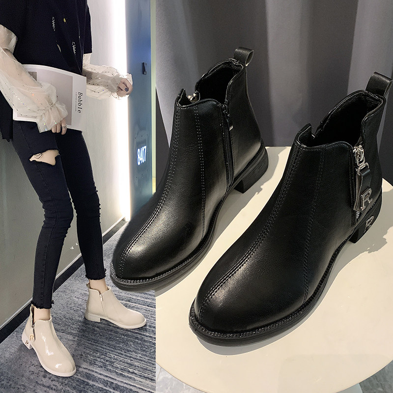 女式短靴2019秋冬季新款短筒靴子欧美英伦风圆头中跟粗跟侧拉链