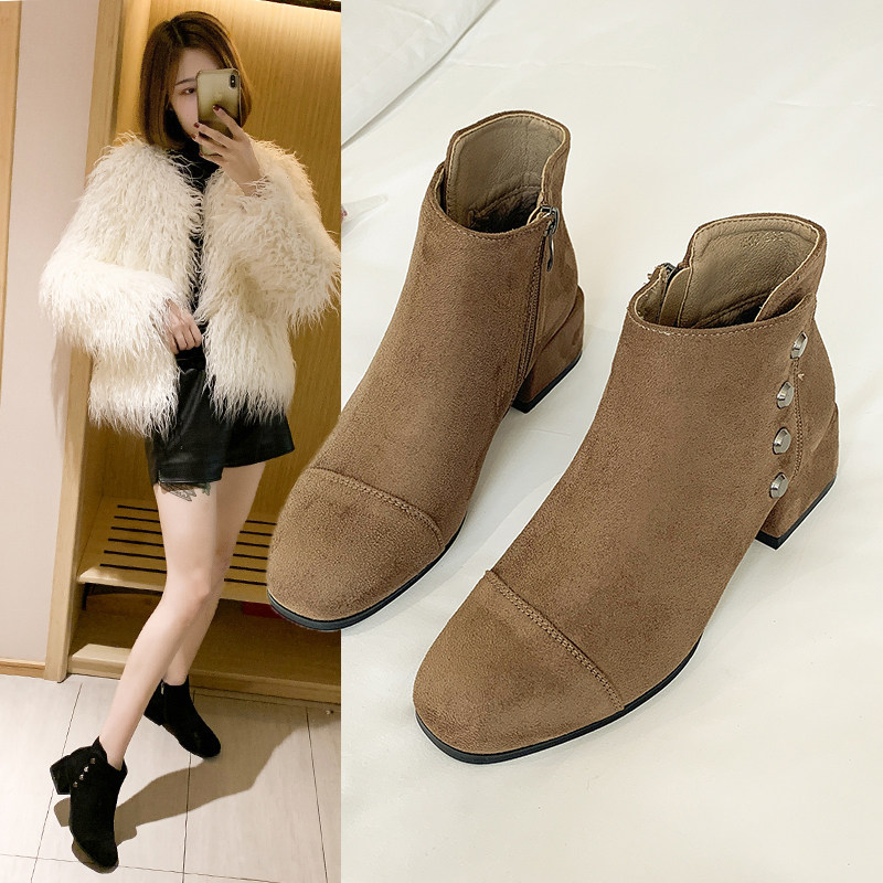 短靴女粗跟单靴瘦瘦靴2019新款春秋短筒英伦风女靴平底马丁靴潮