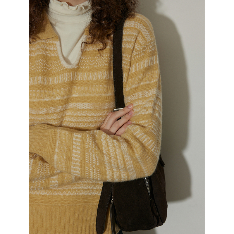 Llyllylly 100% Wool Autumn and Winter Retro Striped Pullover Sweater for Women, Loose Casual Versatile Knitwear