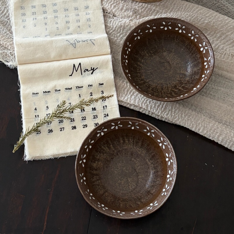 Zhangzhang's Store·Brown Patterned Rice Bowl 5inch Underglaze Color Vintage Coarse Pottery Japanese Style Home Business Guesthouse Tableware