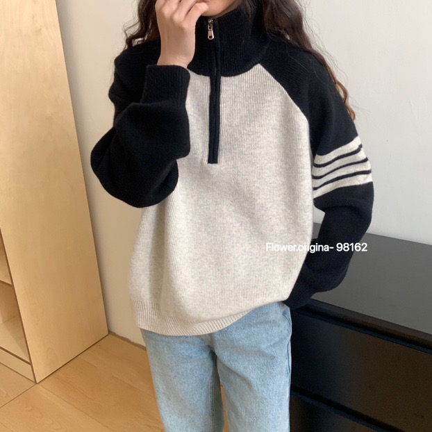 Color-Block Half-Zip Stand Collar Sweater for Women, New Autumn and Winter Loose Casual Versatile Knit Top, Trendy College Style, Thick