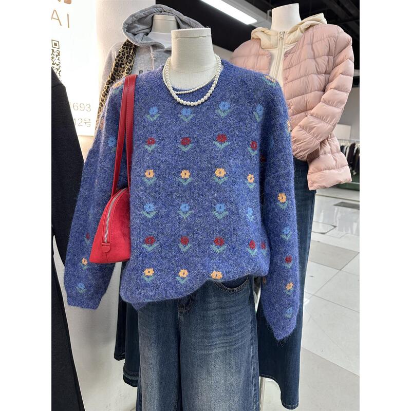 French Retro Floral Embroidered Sweater for Women, Loose Round Neck, Lazy Style Blue Knitted Sweater, Preppy Style Jacquard Sweater