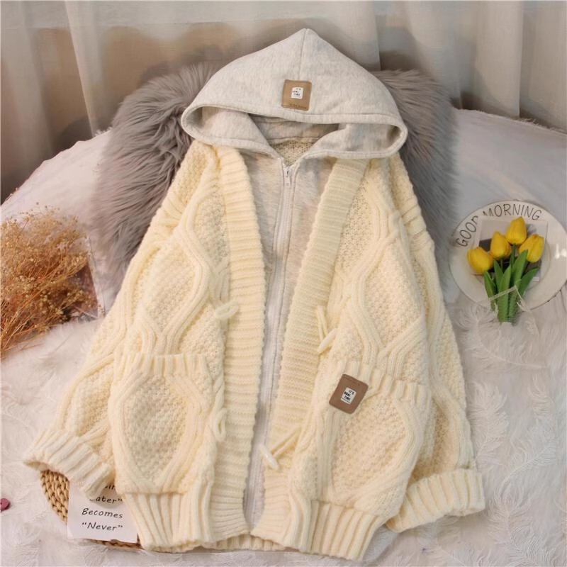 Fake Two-Piece Hooded Sweater Jacket for Women, Autumn and Winter New Style 2026, Loose and Lazy Style, Mid-Length Knitted Cardigan Fake Two-Piece Hooded Sweater Jacket for Women, Autumn and Winter New Style 2026, Loose and Lazy Style, Mid-Length Knitted Cardigan