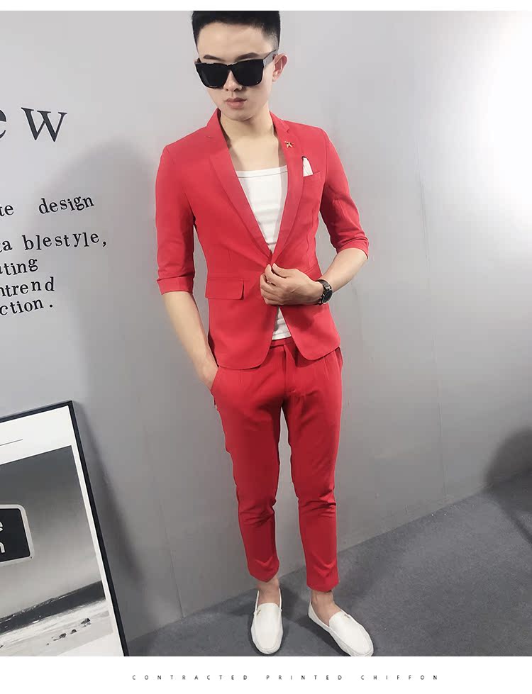Mã nhỏ mạng phù hợp với tay áo nhỏ phù hợp với tinh thần xã hội kẻ bảy điểm tay áo thủy triều Tóc mỏng phù hợp với nam - Suit phù hợp vest nam