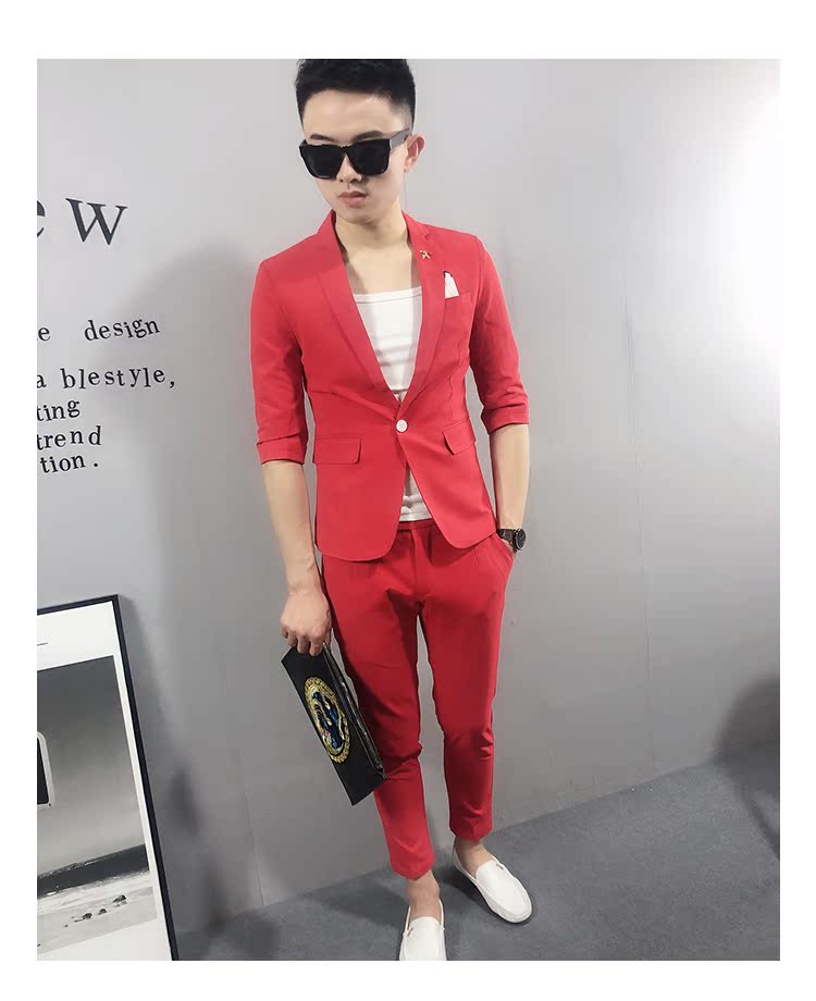 Mã nhỏ mạng phù hợp với tay áo nhỏ phù hợp với tinh thần xã hội kẻ bảy điểm tay áo thủy triều Tóc mỏng phù hợp với nam - Suit phù hợp vest nam