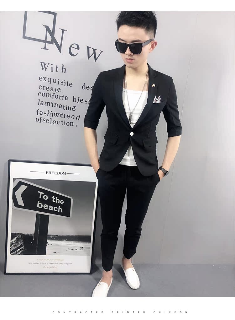 Mã nhỏ mạng phù hợp với tay áo nhỏ phù hợp với tinh thần xã hội kẻ bảy điểm tay áo thủy triều Tóc mỏng phù hợp với nam - Suit phù hợp vest nam
