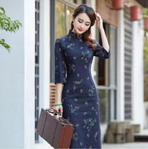 Linen Flag Robes Autumn Clothing 70% Sleeves Retro art Skinder Improved medium length cotton linen dress Skirt Girl