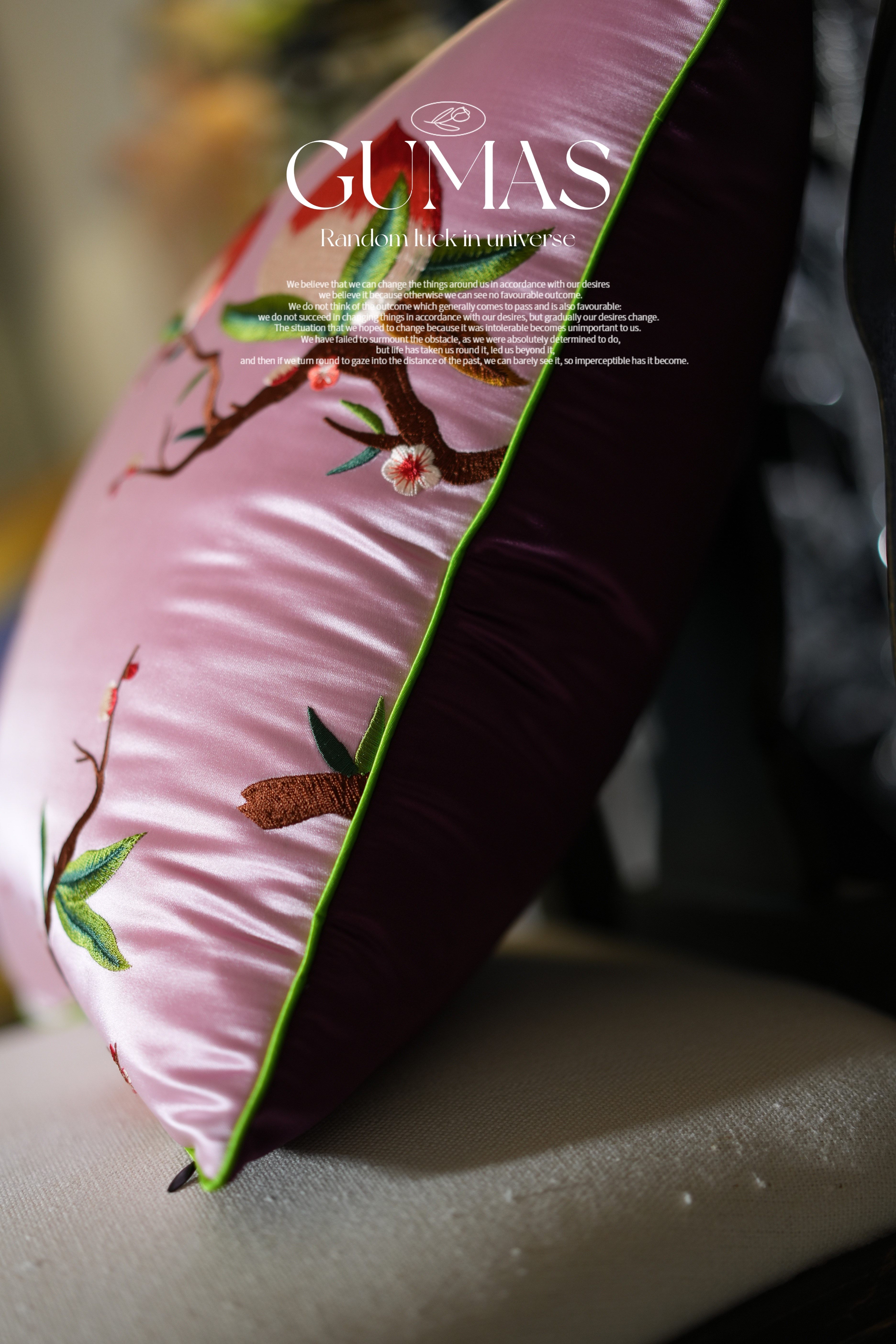 Luxury silk pillow cover with botanical embroidery and concealed zipper