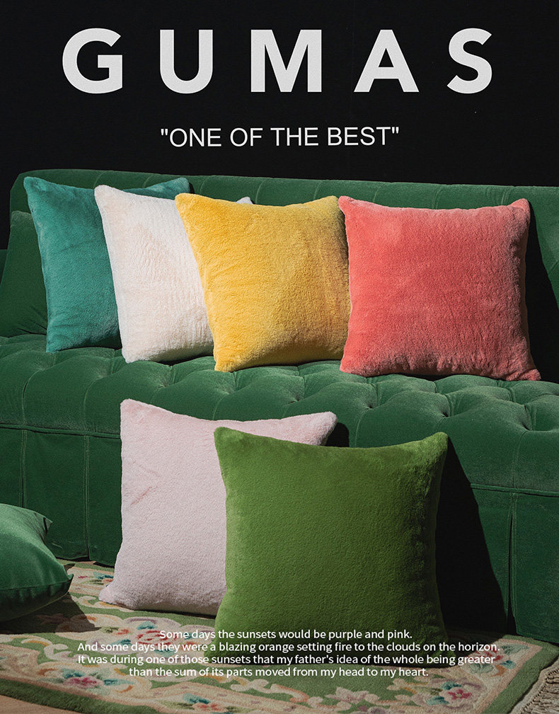 Forest green faux fur throw pillow cover 18x18 inches on colorful contemporary sofa