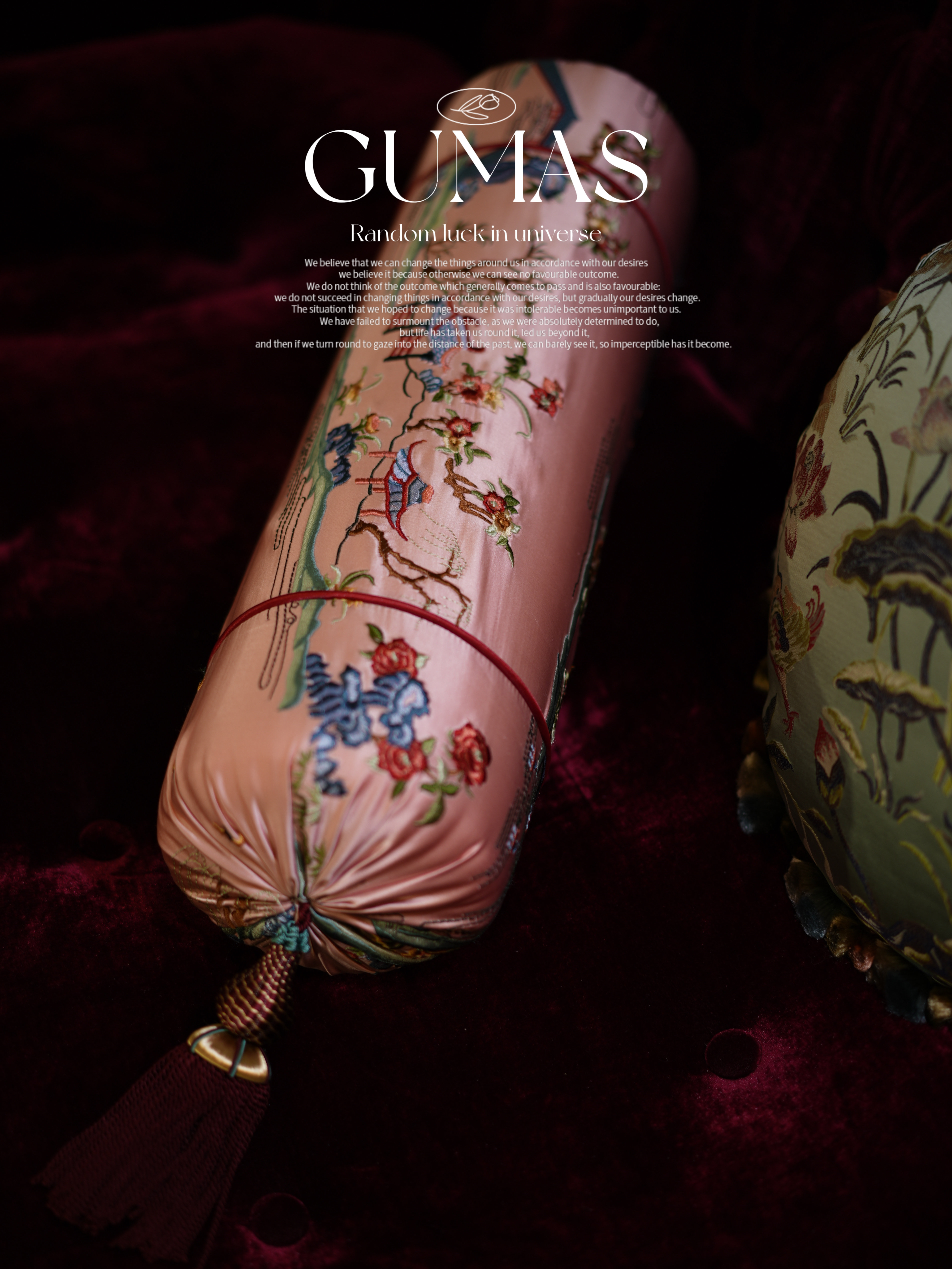 Cream silk embroidered pillow with gathered pleating and botanical embroidery detail