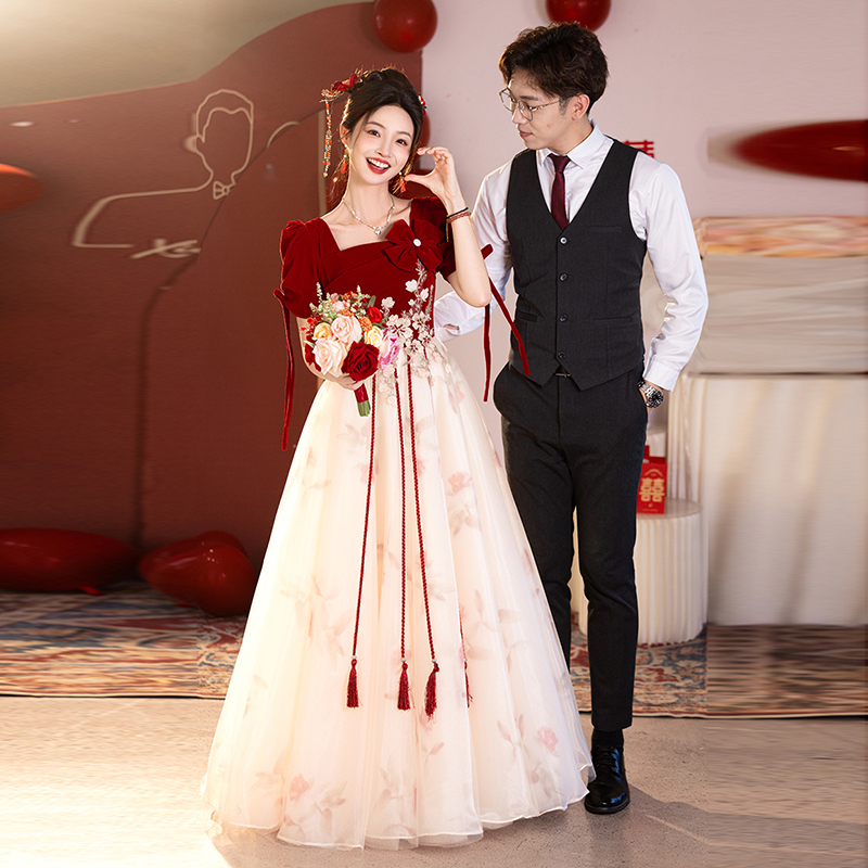 Plus Size Toast Dress for Bride 2026 New Engagement Evening Dress Women's Dress High-End Wedding Burgundy Short-Sleeved