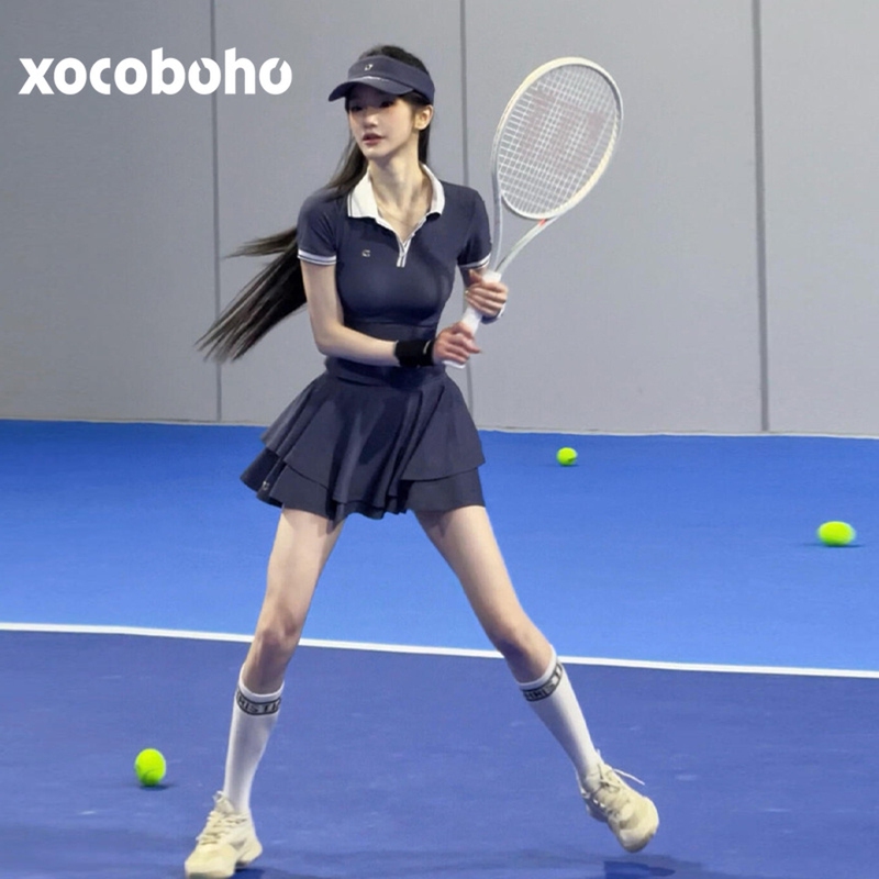 2026 Summer Miu Style Outfit Tennis Wear Fashionable Casual Sports Style Navy Blue Short-Sleeved Skirt Suit for Women