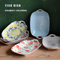 Underglaze color high-value tableware large fish plate double ears anti-scalding good end hand-painted stroke retro pastoral tableware