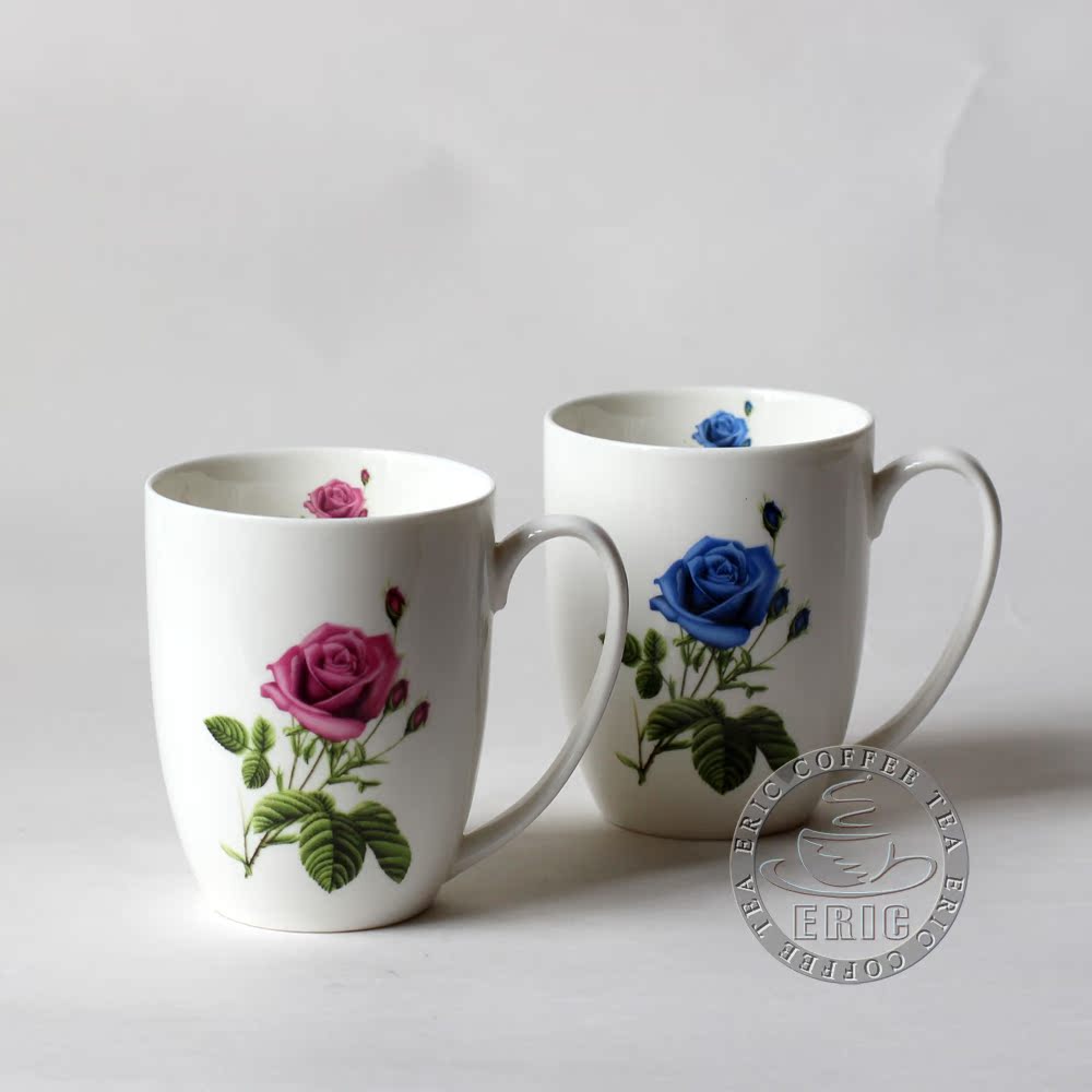 High-grade bone china mug Water cup Milk cup Latte Coffee cup mug Blue rose Pink rose