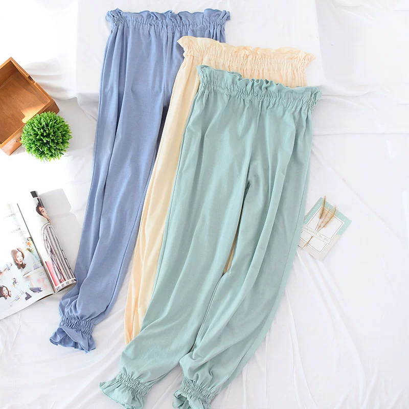 Nữ pyjama quần cotton dệt kim mùa xuân và mùa thu mùa hè quần cotton mặc nhà cộng với size tháng quần phim hoạt hình lỏng lẻo - Quần tây