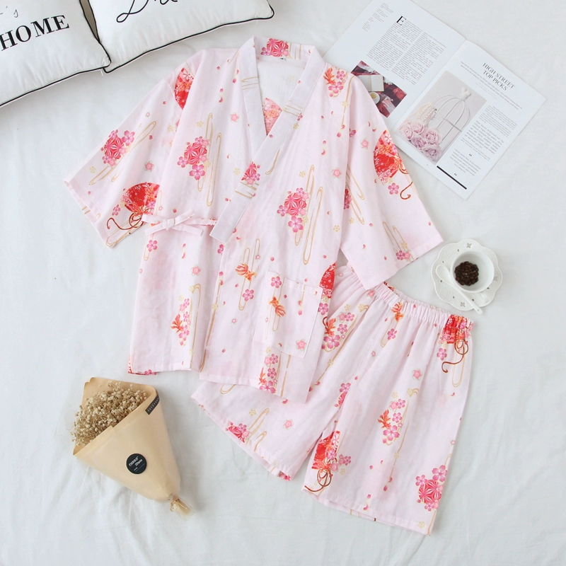 Của phụ nữ cotton đồ ngủ mùa hè mùa xuân và mùa thu mỏng gạc đôi ngắn tay Nhật Bản kimono dịch vụ nhà mồ hôi hấp quần áo áo choàng tắm