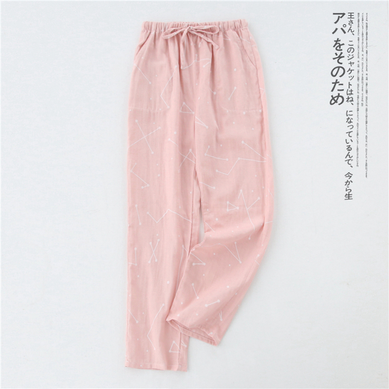 Cặp vợ chồng Nhật Bản đồ ngủ cotton mùa xuân và mùa hè mỏng nam và phụ nữ giản dị nhà cotton gạc rộng kích thước quần lớn quần ống suông nữ