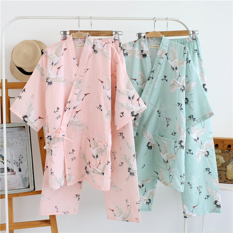 Của phụ nữ cotton đồ ngủ mùa hè mùa xuân và mùa thu mỏng gạc đôi ngắn tay Nhật Bản kimono dịch vụ nhà mồ hôi hấp quần áo áo choàng tắm