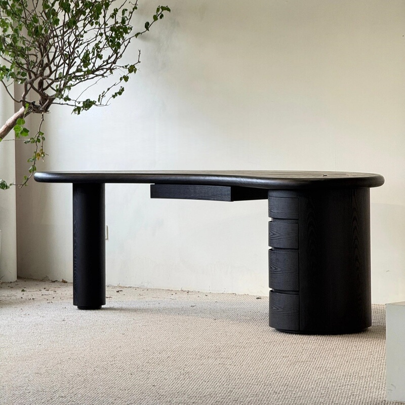 Vintage Solid Wood Desk for Home Use, Black Designer Retro Art Irregular Socket Office Desk, Bedroom Designer Desk