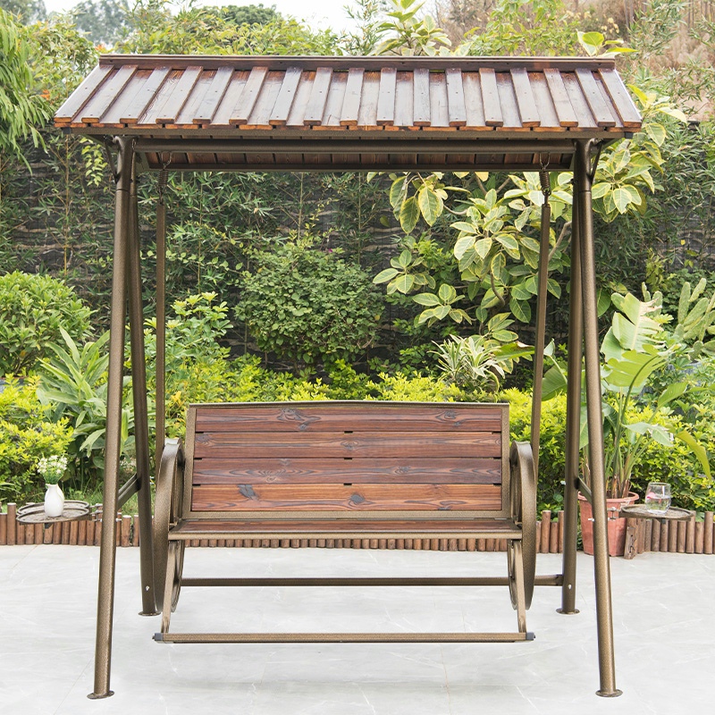 Outdoor Carbonated Wood Corrosion Resistant SWING SET LEISURE ROCKING CHAIR PATIO WOOD ROCKING CHAIR OUTDOOR DOUBLE WHEELS SWING SET