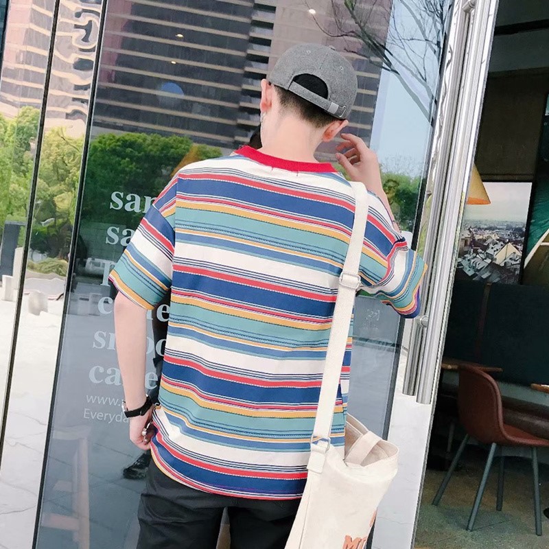 Loose-fitting áo bf Hàn Quốc phiên bản ngắn tay xu hướng hit sinh viên nam t-shirt nửa-shirt Harajuku đầu sọc vài mùa hè