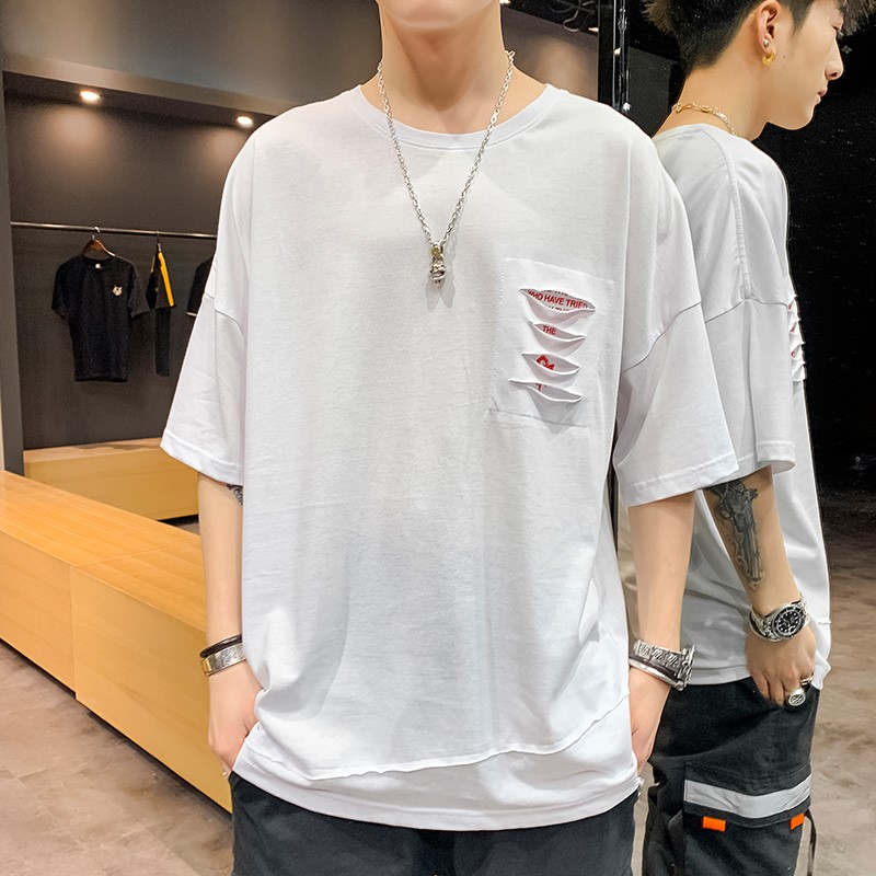 Đẹp trai vòng cổ áo ngắn tay T xu hướng thương hiệu mùa hè bông Hàn Quốc phiên bản của thanh niên áo của nam giới 100 nửa tay áo disrest edicom đầu lỏng lẻo-fitting