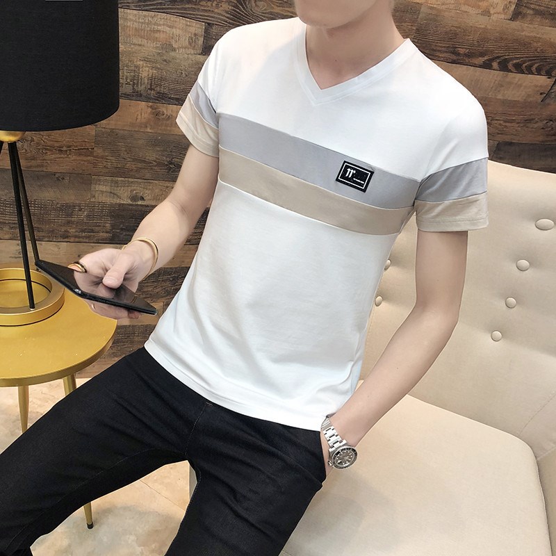 T-cổ mùa hè nam ngắn tay đáy-out nam cotton mùa xuân Hàn Quốc phiên bản áo t-shirt xu hướng sọc một trăm vít