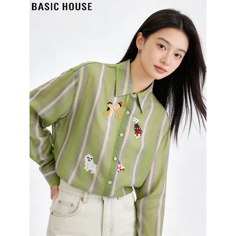 Basic House【Skin-Friendly Texture】Collared Animal Embroidery Long-Sleeve Shirt Striped Shirt
