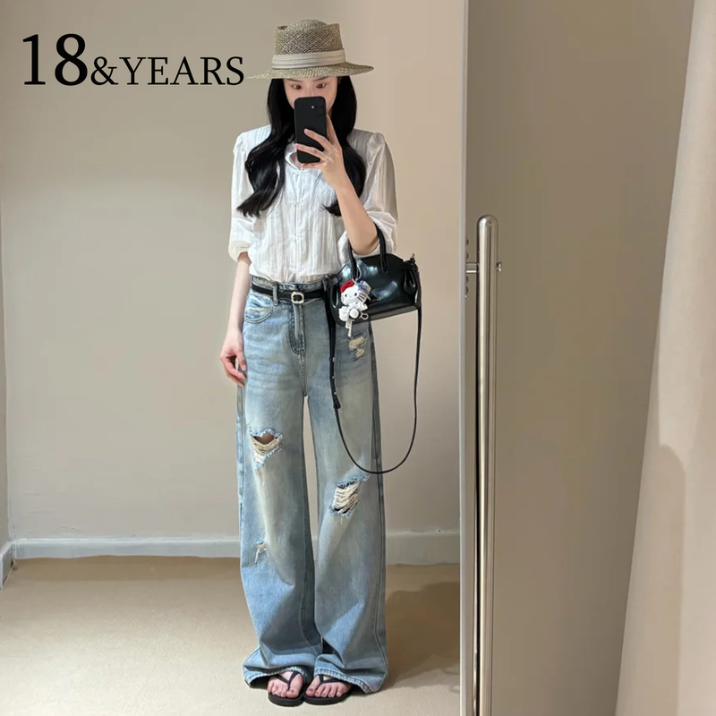 Ripped Jeans for Women, Summer Thin Style 2026 New Wide-Leg Pants, High-Waisted, Loose Fit, Petite Narrow Straight-Leg Pants Ripped Jeans for Women, Summer Thin Style 2026 New Wide-Leg Pants, High-Waisted, Loose Fit, Petite Narrow Straight-Leg Pants