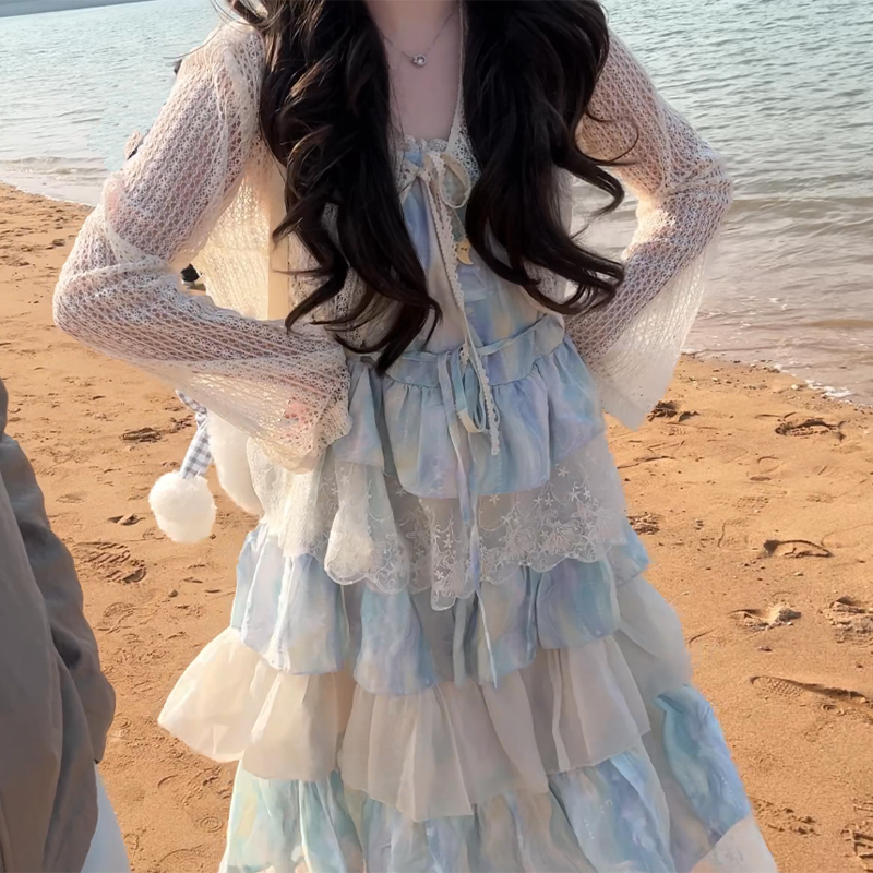 Pinkdog Sea Snail Girl Dress, Heavy Craft Lazy Patchwork Beach Vacation Strap Dress