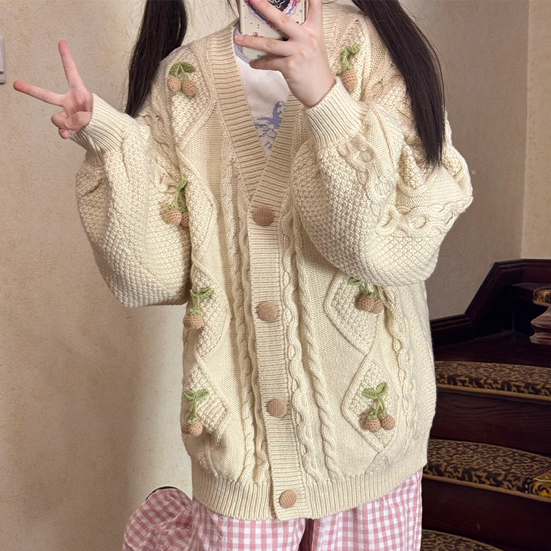 Pinkdog Pink Dog Home Wild Strawberry Cream Cardigan Autumn and Winter New Soft and Cute Long-Sleeved Knitted Sweater Jacket