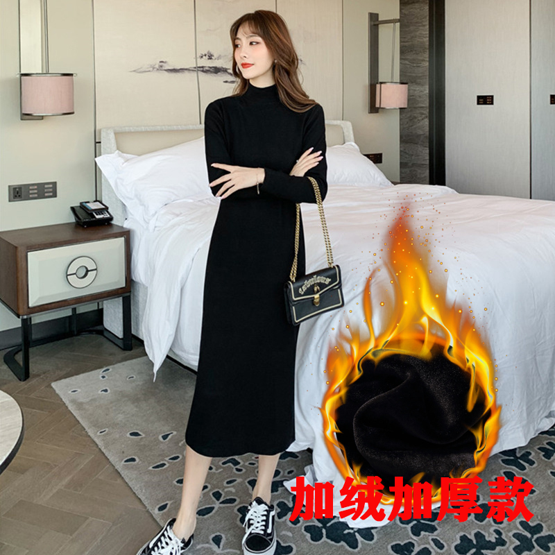 Winter Pure Cotton Loose Half-High Collar Fleece-Lined Thickened Mid-Length Straight Dress for Women, Solid Color Over-The-Knee Base Long Dress