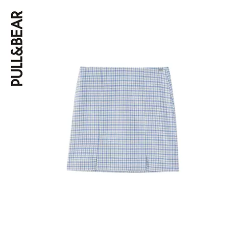 Pull & Bear 2021 Ранняя осень Новая Дизайн Split Blue Plaid Mini юбка 08398305420