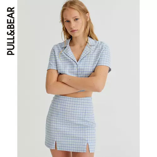 Pull & Bear 2021 Ранняя осень Новая Дизайн Split Blue Plaid Mini юбка 08398305420