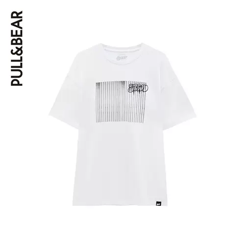 Pull & amp; Bear Men's 2021 Новый белый STWD PHOTING PREANT Casual -Short -Sleeved T -Fork 08240571250