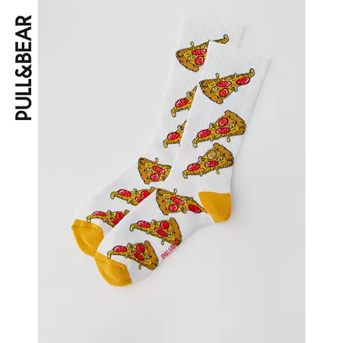 Pull & Bear's Men Ранняя осенняя фестиваль New Pizza Print Sports Sock 08890539015