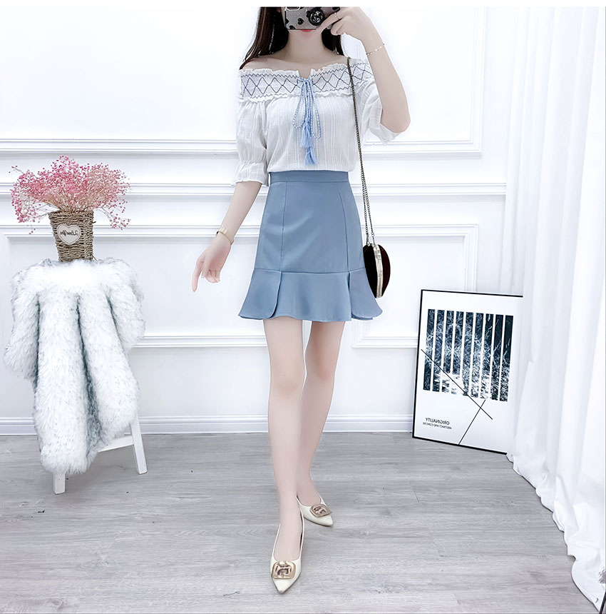 VK旗艦店 韓國風一字領雪紡衫魚尾套裝短袖裙裝