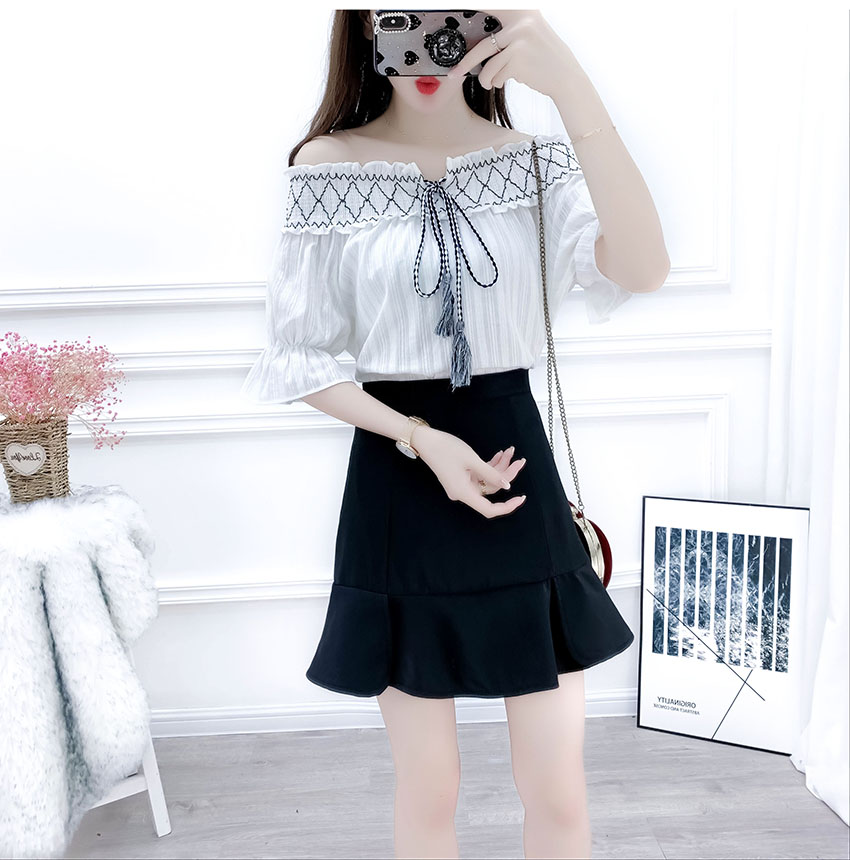 VK旗艦店 韓國風一字領雪紡衫魚尾套裝短袖裙裝