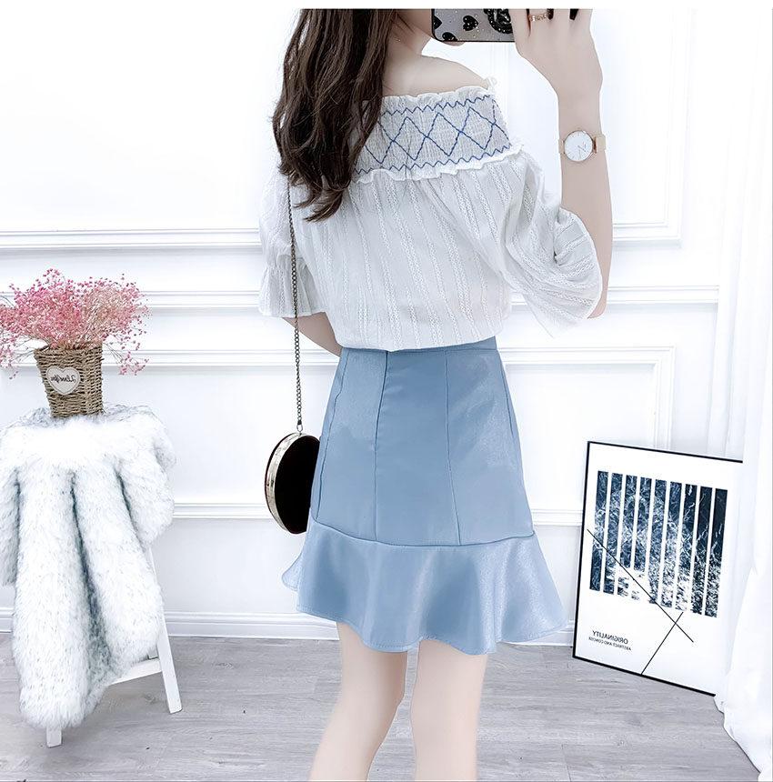 VK旗艦店 韓國風一字領雪紡衫魚尾套裝短袖裙裝