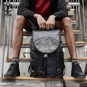 yok简约拼接潮流双肩包男大学生书包迷彩大容量学院风电脑包背包