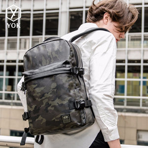 yok新款迷彩背包潮牌双肩包皮质男士户外旅行包韩版潮流休闲书包